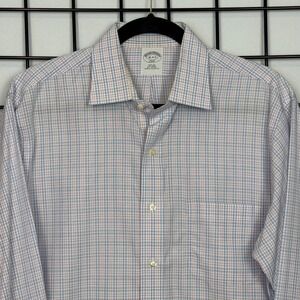346 Brooks Brothers Shirt Mens 16 4/5 Blue Slim Fit Plaid Check Long Sleeve
